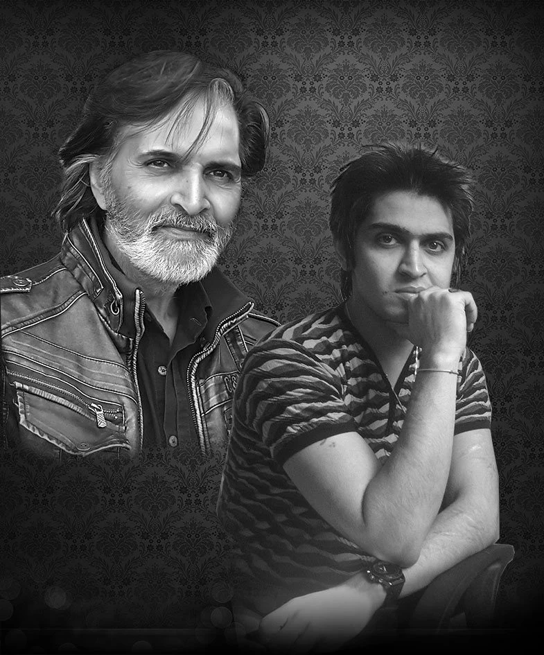 Detailed monochrome memorial portrait artwork of two men